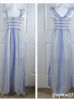 NWT Cotton Maxi Dress Sundress w/ Ruffle Straps Striped Blue Yellow & White